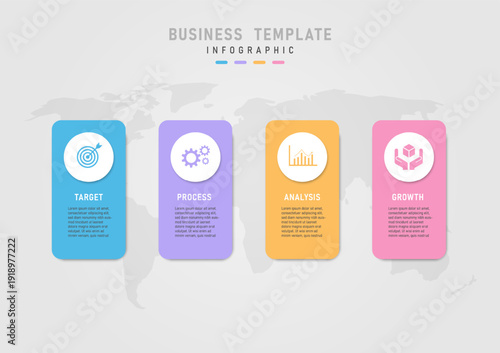 Infographic template 4 steps to business management. Vertical pastel-colored rectangles with text below, a white circle with an icon in the center, and a map at the bottom.