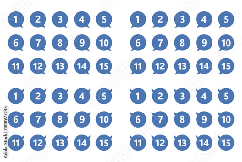 吹き出しの番号マークのセット　「1」から「15」まで　4方向　背景透過　青色

