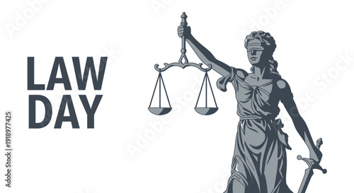 An illustration of Lady Justice holding scales and a sword next to the text 'LAW DAY' on a white background, symbolizing justice and legal observances.