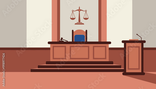 A detailed illustration of a courtroom interior with a judge's bench, scales of justice, and a witness stand, depicting the legal environment.