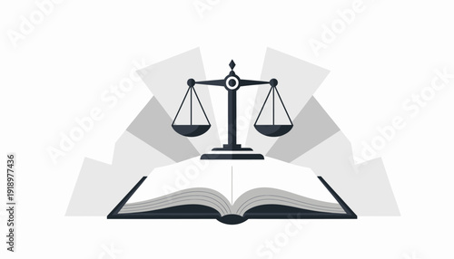 A monochromatic illustration depicting the scales of justice balanced above an open law book, symbolizing legal education and fairness.