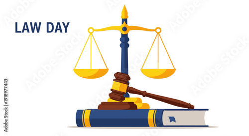 Lawday celebration with scales of justice and gavel on law books in a courtroom setting viewed from the front