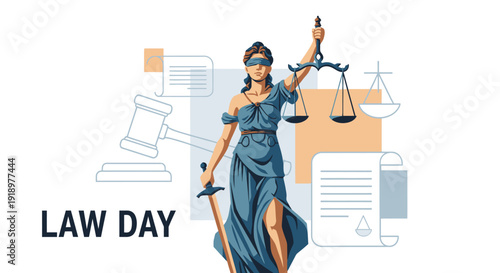 Lady Justice illustration for Law Day, featuring a blindfolded goddess holding scales and a sword, with legal symbols like a gavel and documents in the background.