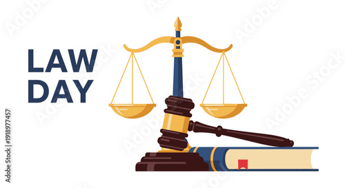 Law Day illustration with golden scales of justice, a wooden gavel, and a law book on a white background.