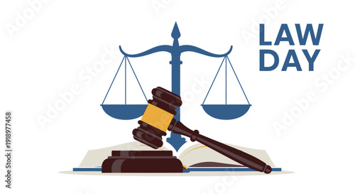 An illustration depicting a gavel resting on an open law book, with the scales of justice in the background, and 'LAW DAY' text.