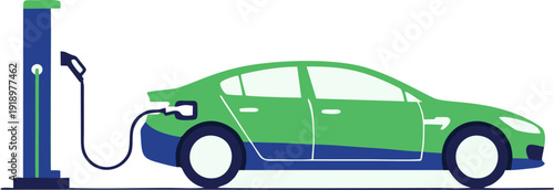 Sustainable transportation concept featuring a sleek electric car powering up at an EV charging point, highlighting environmental responsibility and clean energy innovation for future mobility