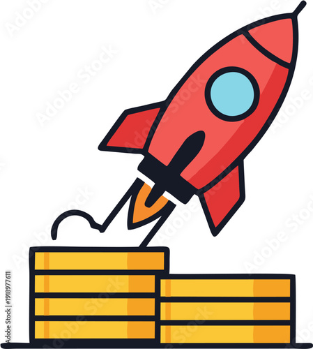 Rocket Launching From Stack of Coins symbolizing financial growth and successful startup business venture
