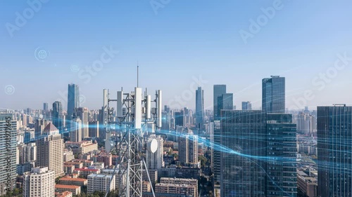 Antenna technology connecting city skyline and rooftop communication tower with network signal for urban communication and modern city infrastructure