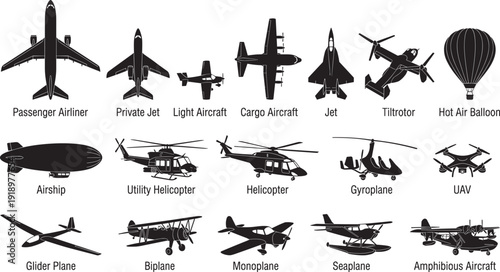 Aviation aircraft silhouettes collection, passenger jet, helicopter, drone and airship vector illustration set