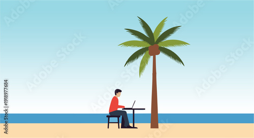 Digital nomad enjoying a productive work session on a serene tropical beach, finding inspiration under a swaying palm tree with the ocean breeze