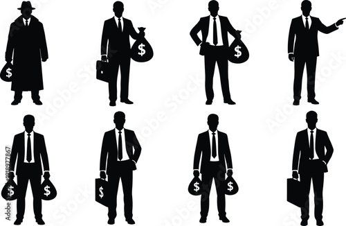 Set of Businessman Silhouette Illustrations Featuring Men Holding Money Bags, Briefcases, and Shopping Bags in Black-and-White Artwork