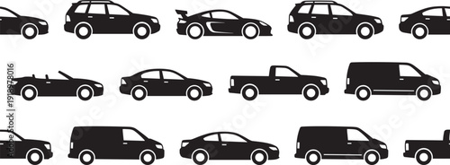 Car silhouette vector collection, multiple automobile types including sedan, SUV, sports car and van illustration