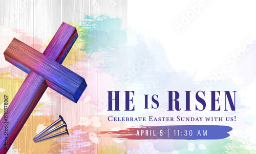 He is risen, creative Easter Sunday banner with Holy Week cross symbol. Watercolor Easter invitation design for church service. Vector illustration