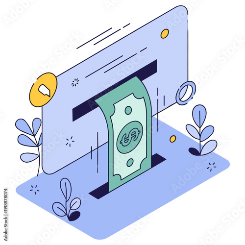 Digital banking concept with money emerging from screen