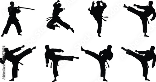 Karate martial arts silhouettes set, fighter performing high kicks punches and sword combat isolated on white background