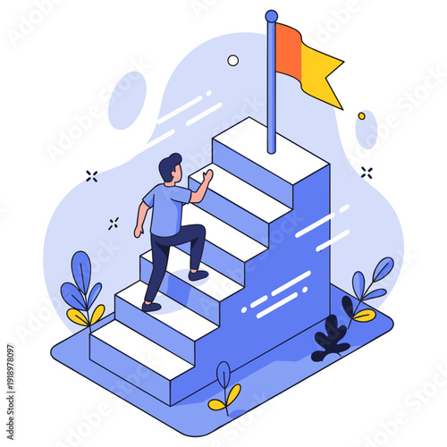 Young caucasian male climbing stairs towards success with flag illustration