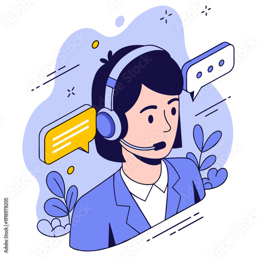 Female customer support representative with headset in blue suit