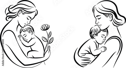 Mother and Baby Silhouette Illustration, Loving Maternal Embrace with Child and Flower, Minimal Line Art Parenting Concept Design