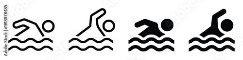 Collection of swimming icons depicting swimmers in water with waves