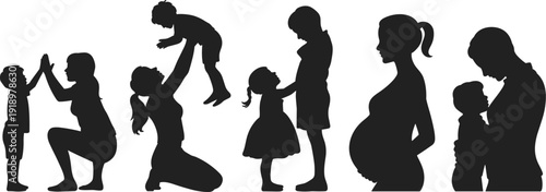 Motherhood Silhouette Collection with Pregnant Woman and Children, Family Love Bonding Moments, Parenting and Maternal Care Concept Illustration