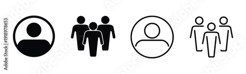 Collection of user icons representing single person and group of people in silhouette and outline styles