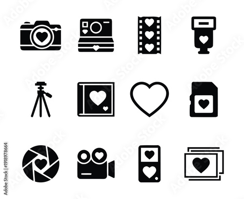 Collection of valentine and love related icons with hearts
