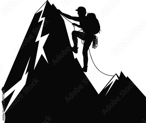 Mountain climber silhouette on peak, rock climbing adventure extreme sport isolated vector illustration