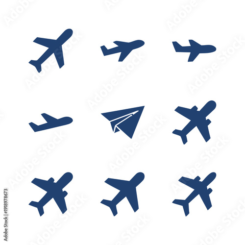 Collection of various airplane and paper plane icons in dark blue color