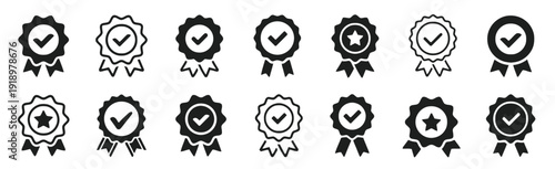 Collection of various award ribbon and badge icons with check marks