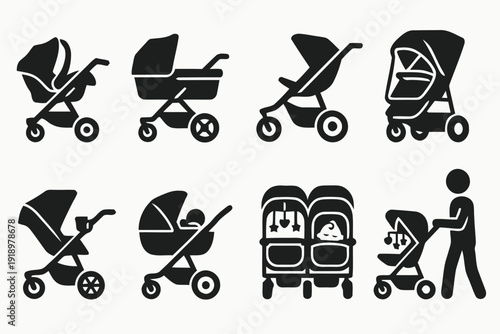 Collection of various baby stroller and pram silhouette icons