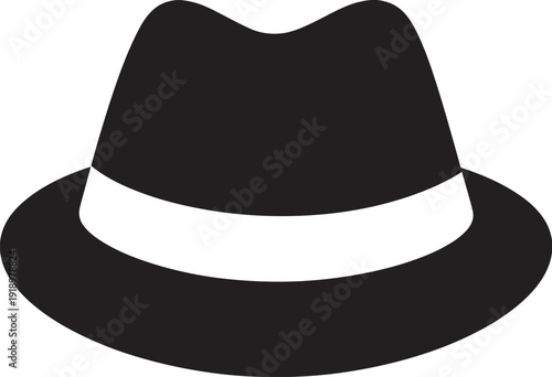 Classic black fedora hat silhouette with white band, vintage gentleman fashion accessory isolated on transparent background vector illustration