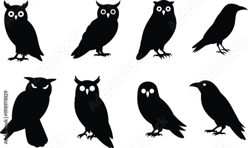 Owl and raven bird silhouettes set, nocturnal wildlife collection isolated vector illustration on white background
