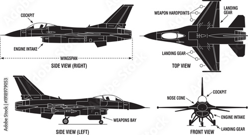 F-16 Fighting Falcon detailed technical blueprint with labeled cockpit, landing gear and weapon hardpoints diagram