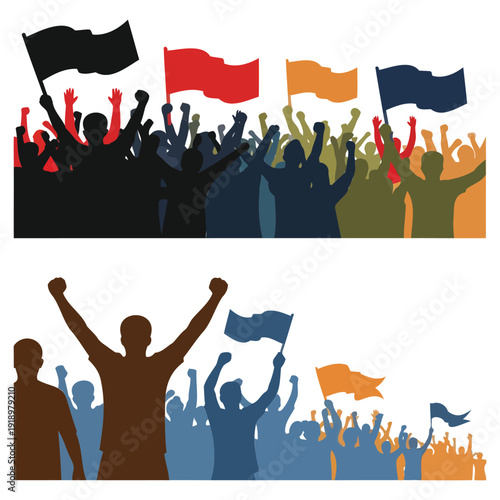 A vibrant and energetic crowd of silhouette figures celebrating with flags raised high in the air