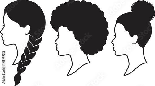 Female hairstyle silhouette vector set, different woman head profiles with braid afro and bun