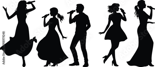 Singing performers silhouettes set, male and female vocalists with microphones isolated vector illustration collection