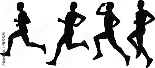 Running Man Silhouette Set, Male Athlete Jogging and Sprinting Poses, Fitness Training and Healthy Lifestyle Illustration