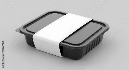 Black plastic food container with white label on gray background