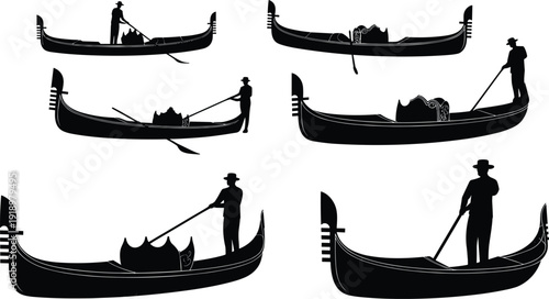 Venetian gondola silhouettes set, gondolier rowing traditional Italian boat isolated on white background vector illustration