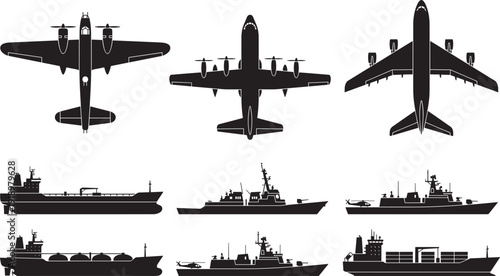 Military aircraft and naval warships silhouettes collection, airplanes and navy fleet vector illustration set