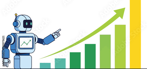 Robot pointing towards a rising graph illustrating growth and technological advancement.