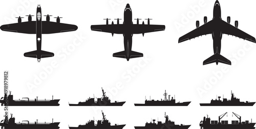 Military aircraft top view and naval warship silhouettes collection, defense transport and combat fleet vector set