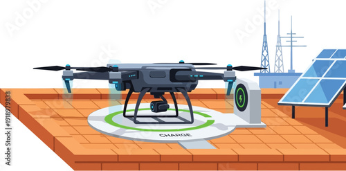 Drone monitoring a solar farm with renewable energy integration system