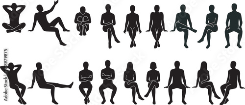 People sitting silhouettes collection, men and women seated poses isolated vector illustration set