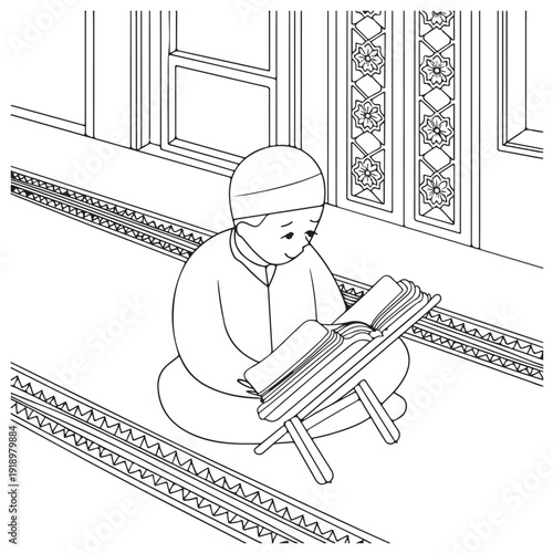 moslem kids Ramadan Coloring
Pages with Black and white
vector illustration