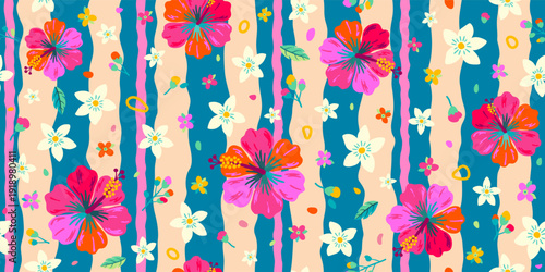 Colorful tropical seamless floral stripe pattern featuring hibiscus flowers and playful botanical elements. Ideal for fabric, wallpaper, packaging, summer fashion, and modern surface design.