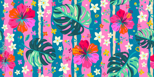 Vibrant tropical seamless vector pattern with hibiscus flowers and monstera leaves on pink striped background. Perfect for fabric, fashion, wallpaper, packaging, and summer surface design.