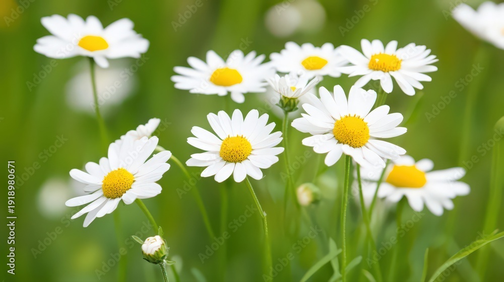 Fototapeta premium Cluster of White Daisies with Yellow Centers Surrounded by Lush Green Grass in Bright Sunlight