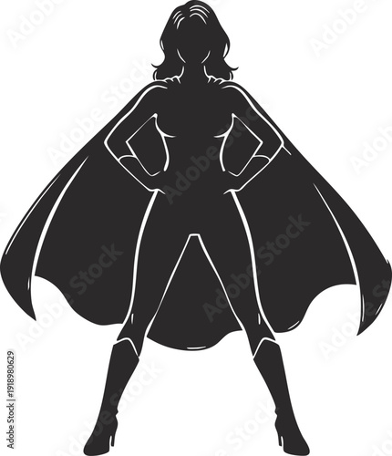 Confident woman stands as a superhero with her cape blowing in the wind