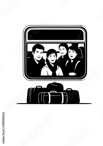 Passenger looking out train window with luggage slow travel eco tourism silhouette vector